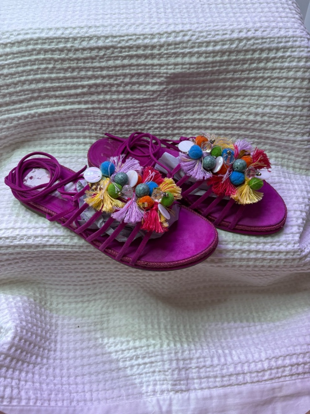 Stuart Weitzman Noodles Fuchsia Pom Pom Tassel Strappy Sandals, Size 9.5